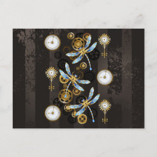 Cartes Pour Fêtes Annuelles Libellules Steampunk sur fond brun rayé