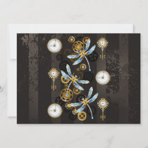 Cartes Pour Fêtes Annuelles Libellules Steampunk sur fond rayé marron