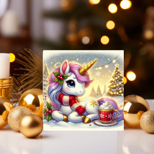 Cartes Pour Fêtes Annuelles Licorne appréciant un chocolat chaud dans la neige