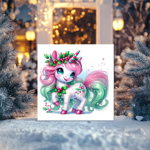 Cartes Pour Fêtes Annuelles Licorne au poivre rose et vert