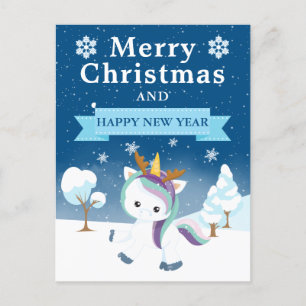 Cartes Pour Fêtes Annuelles Licorne de Noël festive bleu violet et blanc