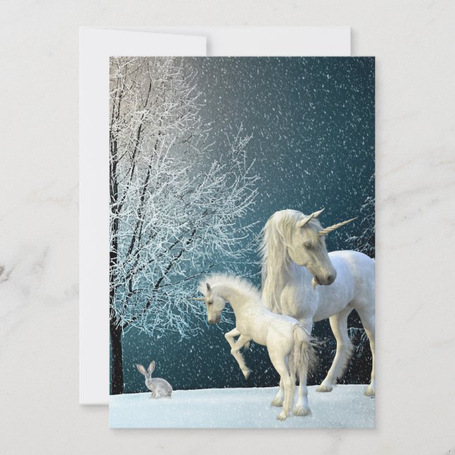 Cartes Pour Fêtes Annuelles Licorne et poulain scène hivernale neige vacances (Devant)