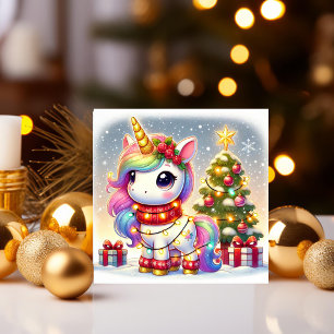 Cartes Pour Fêtes Annuelles Licorne ornée de lumières près du sapin de Noël