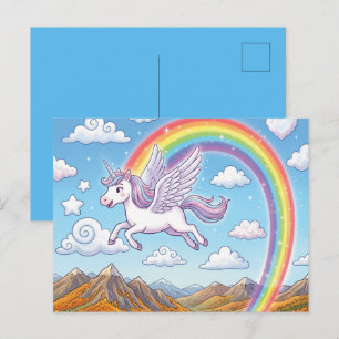 Cartes Pour Fêtes Annuelles Licorne volante de dessin animé avec arc-en-ciel