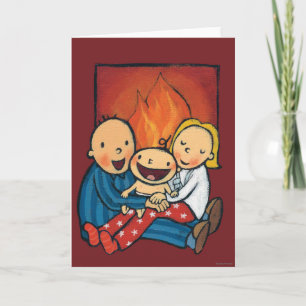 Cartes Pour Fêtes Annuelles Lieu de vacances : Famille devant la cheminée