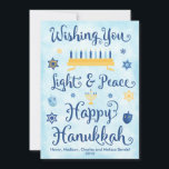 Cartes Pour Fêtes Annuelles Light & Peace Happy Hanukkah<br><div class="desc">A Jewish Hanukkah theme card with a menorah,  Star of David and Driedel. The text reads Wishing You Light & Peace Happy Hanukkah. The background is a light blue watercolor wash. Click Customize It to personalize the back with your own message,  photo and/or company logo.</div>