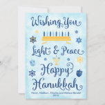 Cartes Pour Fêtes Annuelles Light & Peace Happy Hanukkah<br><div class="desc">A Jewish Hanukkah theme card with a menorah,  Star of David and Driedel. The text reads Wishing You Light & Peace Happy Hanukkah. The background is a light blue watercolor wash. Click Customize It to personalize the back with your own message,  photo and/or company logo.</div>