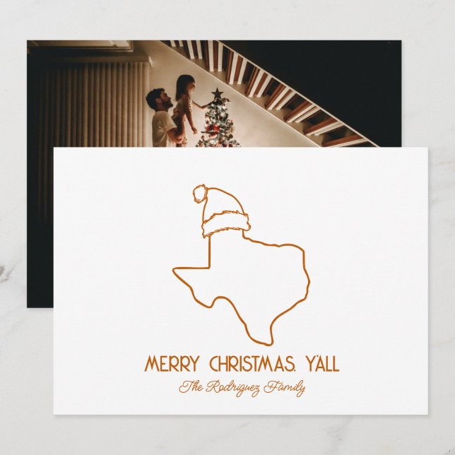 Cartes Pour Fêtes Annuelles Ligne artistique orange brûlée Père Noël Texas (Devant / Derrière)