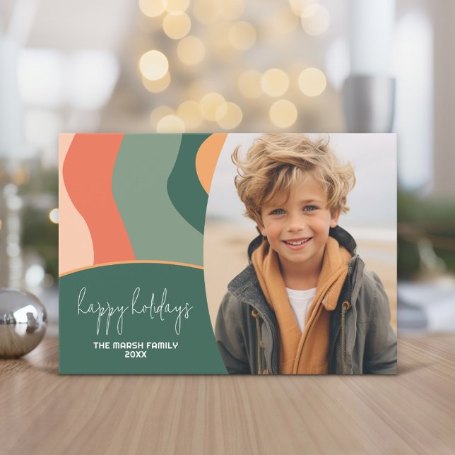 Cartes Pour Fêtes Annuelles Ligne biologique Art Abstrait - 1 Photo Jade Tange (Holiday Photo Greeting Card - Jade and Tangerine Organic Curves)