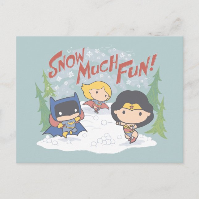 Cartes Pour Fêtes Annuelles Ligue de Justice Chibi Snowball combat (Devant)