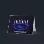 Cartes Pour Fêtes Annuelles Lion bleu Menorah<br><div class="desc">Un menorah bleu sur le thème du lion,  Chanukkah,  avec des bougies éclairées superposées sur un arrière - plan étoilé. Ajoutez votre propre texte.</div>