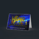 Cartes Pour Fêtes Annuelles Lion Menorah en laiton de Chanukkah<br><div class="desc">Il s'agit d'une reproduction numérique en 3D d'un Chanukkah menorah en laiton,  avec un lion,  fabriqué en Israël vers 1950,  illuminé par des bougies sur un arrière - plan fractal. La menorah originale est de la collection de l'artiste.</div>