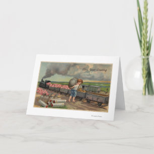Cartes Pour Fêtes Annuelles Little Boy vidant l'argent dans le train