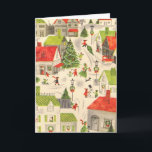 Cartes Pour Fêtes Annuelles Little Christmas Village<br><div class="desc">Design rétro avec rouge et vert citron. Village de Noël avec arbres de Noël décorés,  maisons décorées,  gens se promenant et voitures dans les allées. Cute</div>