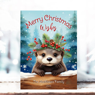 Cartes Pour Fêtes Annuelles Little Otter Peeking Holly & Pine Joyeux Noël