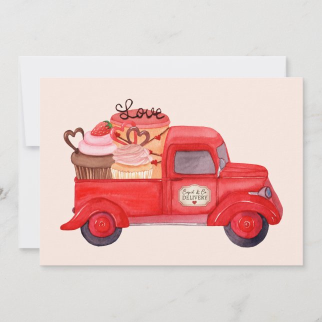 Cartes Pour Fêtes Annuelles Livraison de Saint Valentin Cupid Camion d'aquarel (Devant)