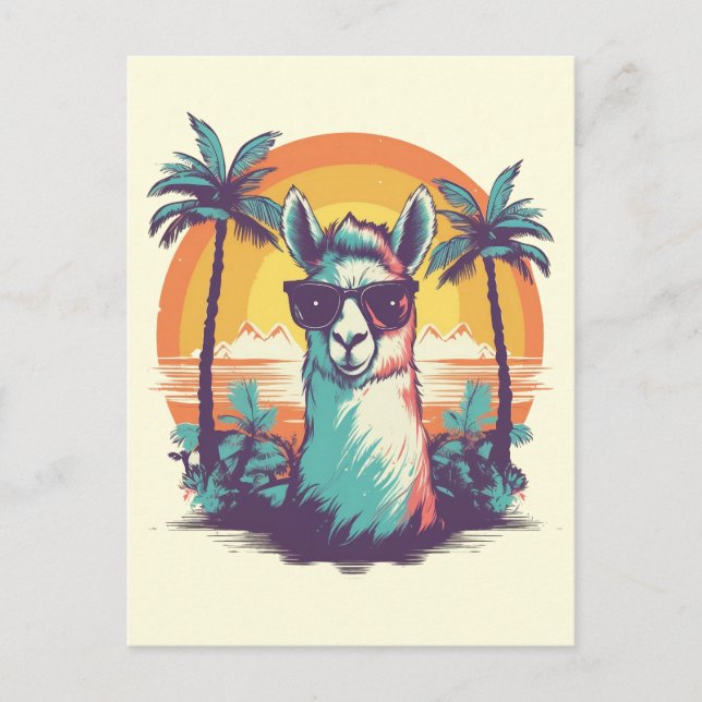 Cartes Pour Fêtes Annuelles Llama avec lunettes de soleil à la plage avec palm (Devant)