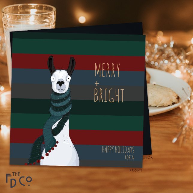 Cartes Pour Fêtes Annuelles Llama « Merry + Bright » Fou Fou (Créateur téléchargé)