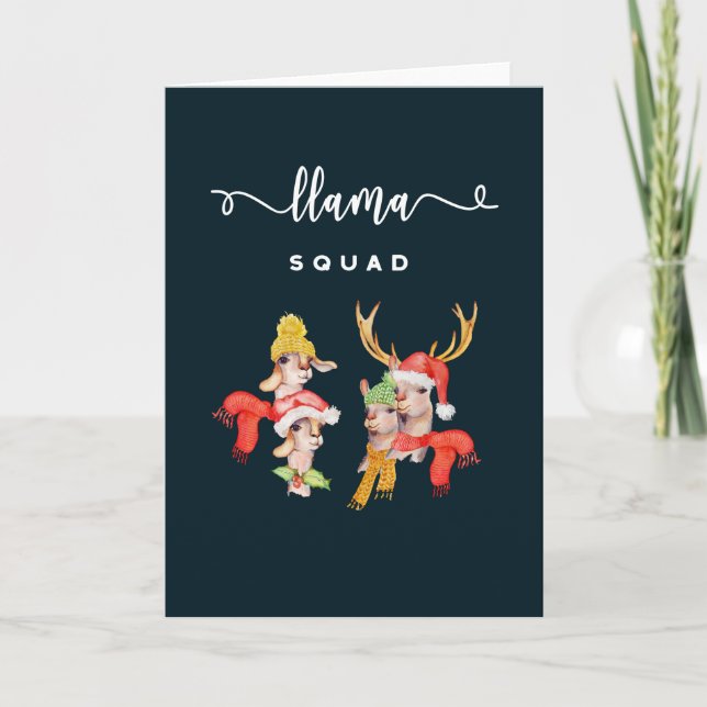 Cartes Pour Fêtes Annuelles Llama Squad, Casquettes de Noël Aquarelle Calligra (Devant)