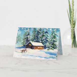 Cartes Pour Fêtes Annuelles LOG CABINE & SNOWFLAKES par SHARON SHARPE