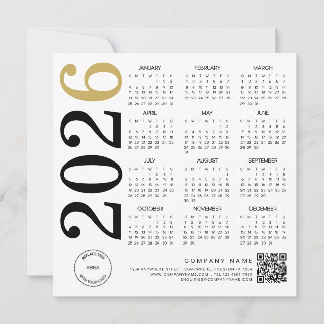 Cartes Pour Fêtes Annuelles Logo 2026 Gold White Calendar Code QR Business (Devant)