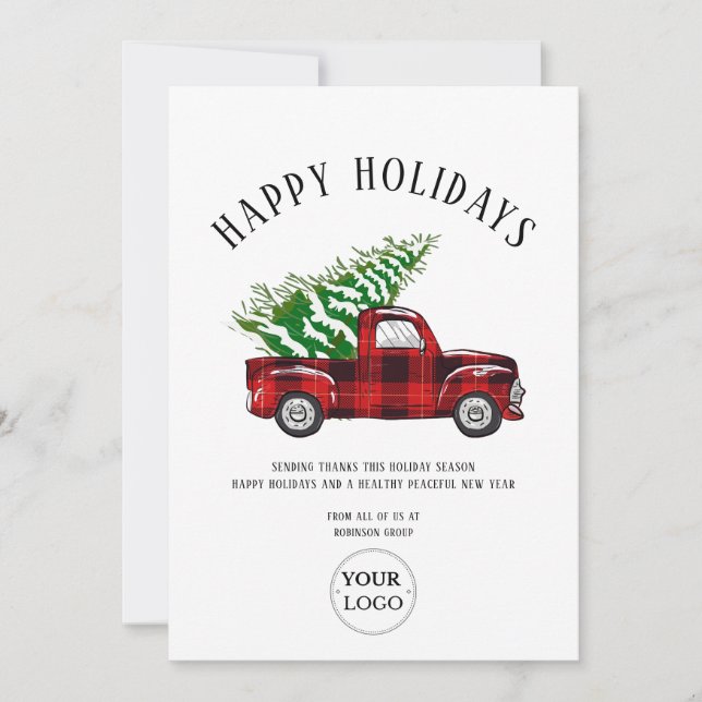 Cartes Pour Fêtes Annuelles Logo d'affaires Joyeux vacances Camion Rouge Plaid (Devant)