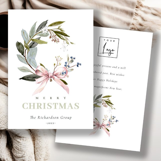 Cartes Pour Fêtes Annuelles Logo de l'entreprise Blush Green Winter Wreath (Créateur téléchargé)