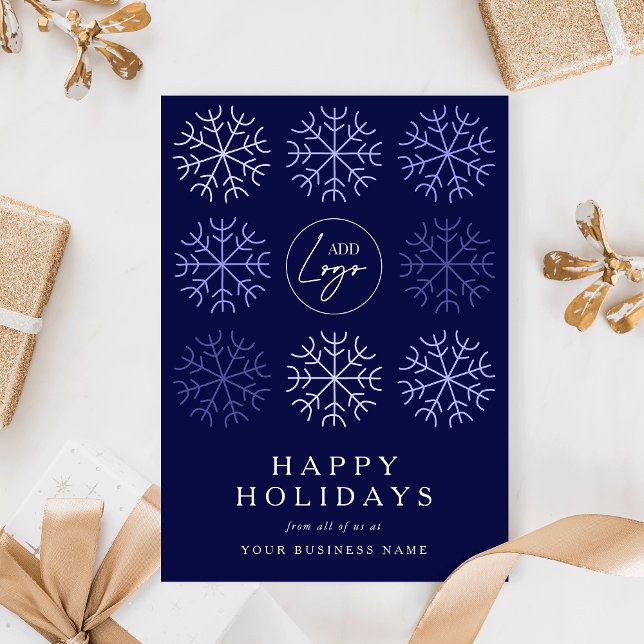 Cartes Pour Fêtes Annuelles Logo de l'entreprise Christmas Snowflakes Marine C (modern navy blue and white festive design corporate holiday card with your custom company logo)
