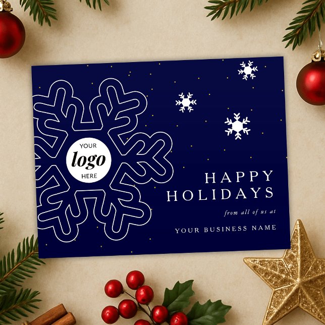 Cartes Pour Fêtes Annuelles Logo de l'entreprise Christmas Snowflakes Marine C (Corporate holiday postcard with your custom business logo, featuring elegant navy snowflake design)