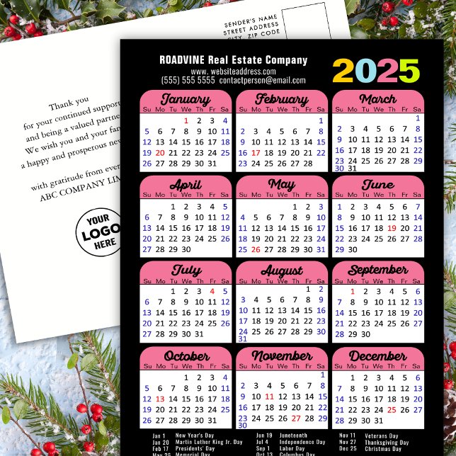 Cartes Pour Fêtes Annuelles Logo d'entreprise 2025 Calendrier Pink Noir Minima (Créateur téléchargé)