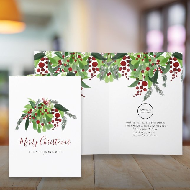 Cartes Pour Fêtes Annuelles Logo d'entreprise Baies Rouges Verdure Noël  (Business Logo Red Berries Greenery Christmas Holiday Card)