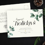 Cartes Pour Fêtes Annuelles Logo d'entreprise Eucalyptus minimaliste moderne<br><div class="desc">Stylisme, élégante typographie design business holiday carte postale lecture Happiest Holidays en compagnie d'illustrations modernes d'aquarelle d'eucalyptus sur un flocon d'or imprimé, votre texte et message personnalisés. Sur le dos, il y a de l'espace pour un autre message et le logo de votre entreprise. Ce message de gratitude moderne, minimaliste...</div>