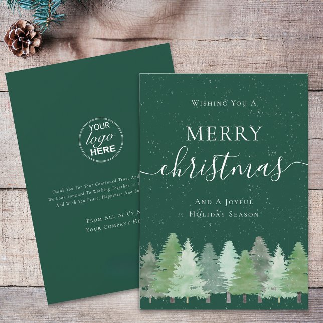 Cartes Pour Fêtes Annuelles Logo d'entreprise moderne de neige du bois Noël (Modern watercolor woodland snow green and white merry christmas company logo business holiday card)