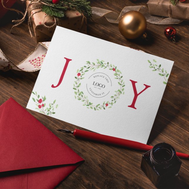 Cartes Pour Fêtes Annuelles Logo d'entreprise Noël JOIE Aquarelle Wreath (Business Holiday Joy design with watercolor wreath and berries. Custom logo, message & business name)
