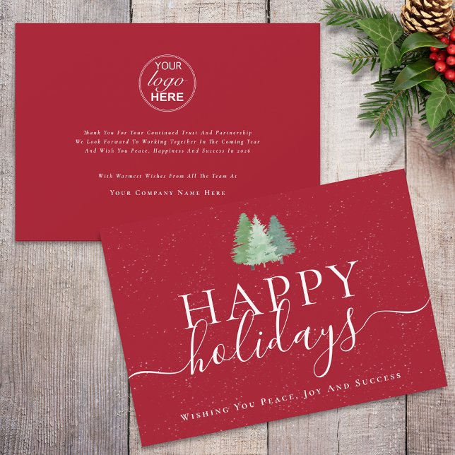 Cartes Pour Fêtes Annuelles Logo des arbres de Noël modernes Red Business (Modern watercolor snowy christmas trees logo happy holiday red business holiday card)