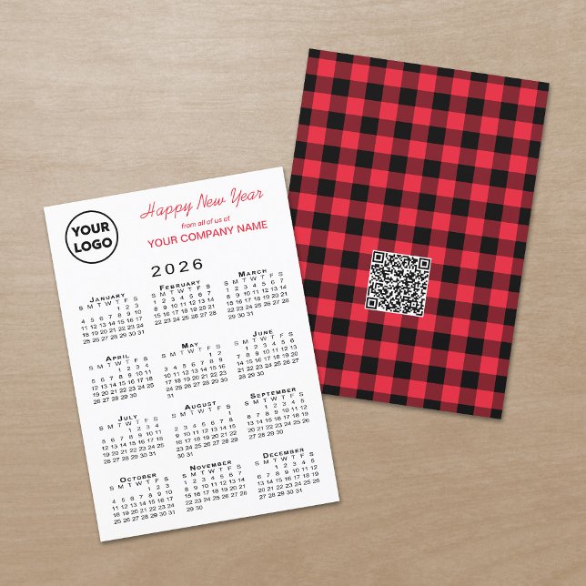 Cartes Pour Fêtes Annuelles Logo du calendrier 2026 Code QR Rouge En vichy noi (2026 Calendar Logo QR Code Red Black Gingham Check Holiday Card, front/back)