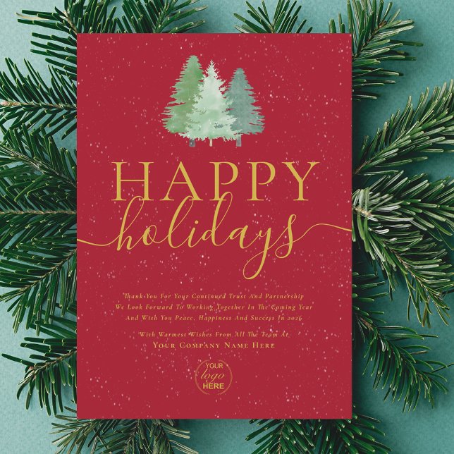 Cartes Pour Fêtes Annuelles Logo moderne Festif Arbre Rouge Gold Business (Modern watercolor snowy christmas trees company logo business red and gold holiday card)