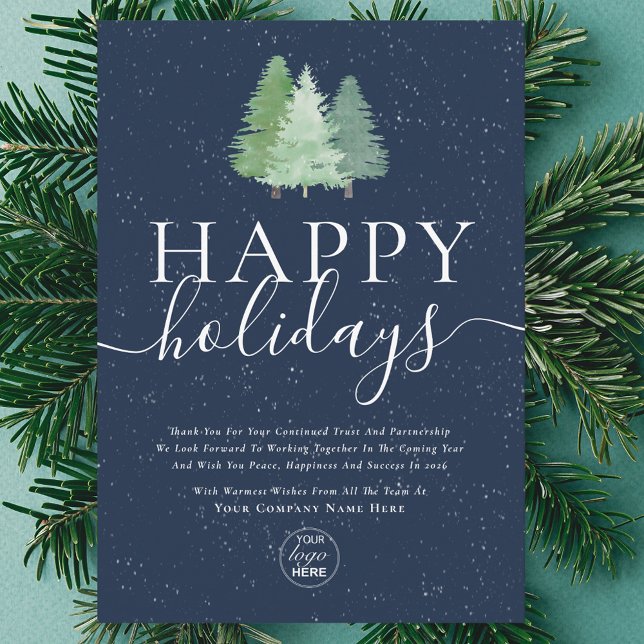 Cartes Pour Fêtes Annuelles Logo moderne Fir Arbres de Noël Blue Business (Modern logo festive trees happy holiday business navy blue & white greeting card)