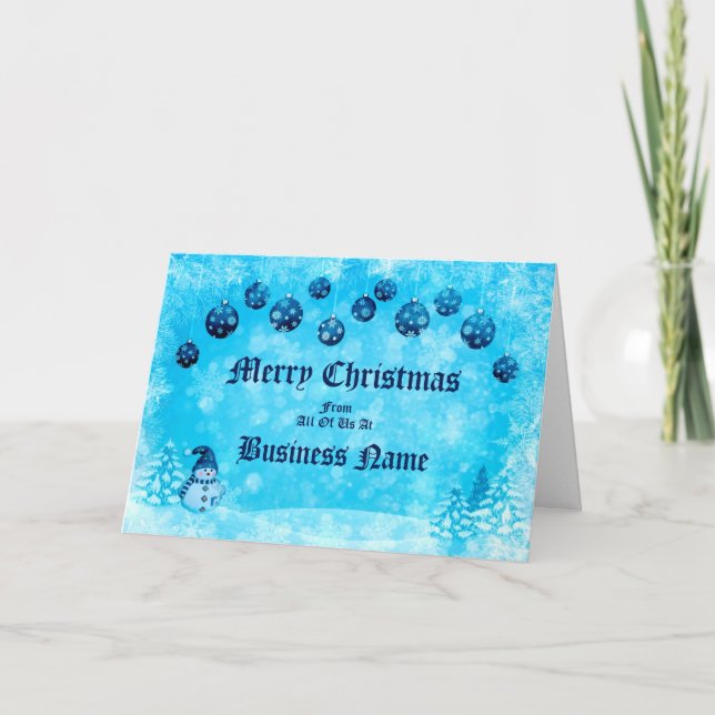 Cartes Pour Fêtes Annuelles Logo Promo Affaires Blue Snowman Baubles Noël (Devant)