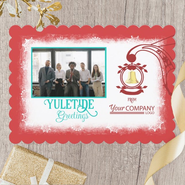 Cartes Pour Fêtes Annuelles Logo rouge, Gold Bell Company Photo de Noël (red company logo company Christmas card with gold bell, company photo, turquoise script writing)