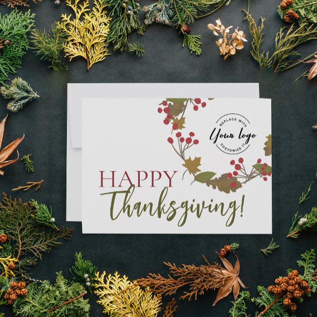 Cartes Pour Fêtes Annuelles Logo sur mesure bon thanksgiving Foliting d'automn (Happy Thanksgiving autumn foliage wreath custom logo business holiday card.)