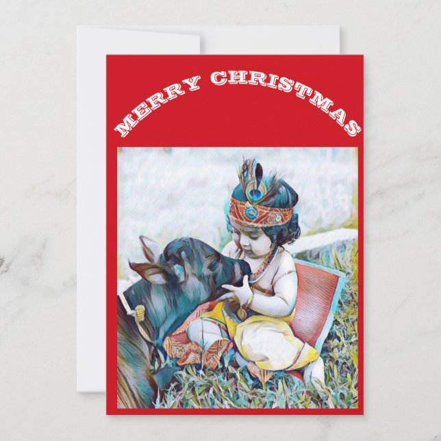 Cartes Pour Fêtes Annuelles Lord Krishna & Cow souhaite Joyeux Noël (Devant)