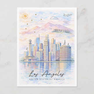 Cartes Pour Fêtes Annuelles Los Angeles Skyline Watercolor | LA Travel