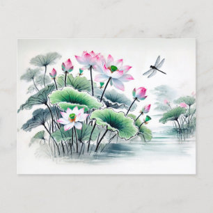 Cartes Pour Fêtes Annuelles Lotus et libellules Peinture asiatique à l'encre