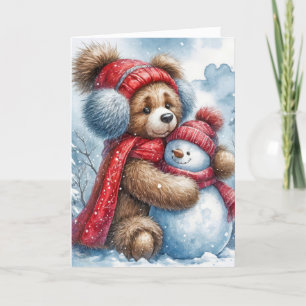 Cartes Pour Fêtes Annuelles L'ours en peluche de Noël serrant un Snowman