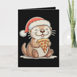 Cartes Pour Fêtes Annuelles Loutre mignonne de Noël mangeant une pizza Chapeau