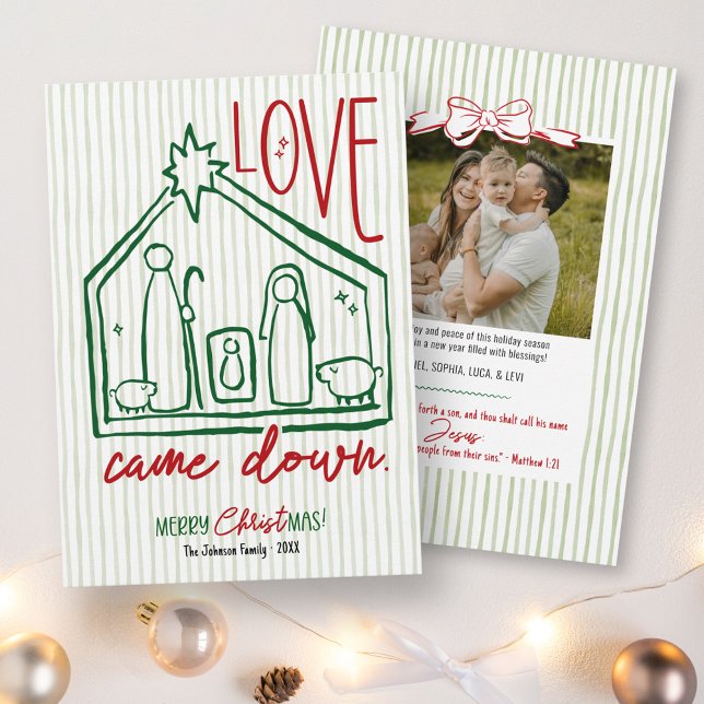 Cartes Pour Fêtes Annuelles Love Came Down Hand Drawn Manger CHRISTmas Photo (Love Came Down whimsical hand drawn manger Merry CHRISTmas bow bible verse unique photo holiday card)
