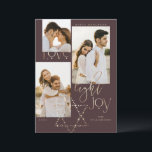 Cartes Pour Fêtes Annuelles Love Light Joy Star David Hanoukka Photo Collage<br><div class="desc">Elegant Hanoukka trois photo-collage carte avec un élégant design de typographie "Love Joy Light" en faux or. Des étoiles dorées brillantes créent l'étoile de David. Oeuvre de Moodthology Papery.</div>