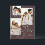 Cartes Pour Fêtes Annuelles Love Light Joy Star David Hanoukka Photo Collage<br><div class="desc">Elegant Hanoukka trois photo-collage carte avec un élégant design de typographie "Love Joy Light" en faux or. Des étoiles dorées brillantes créent l'étoile de David. Oeuvre de Moodthology Papery.</div>