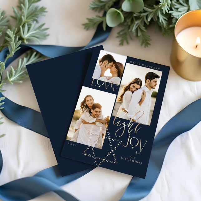 Cartes Pour Fêtes Annuelles Love Light Joy Star David Hanoukka Photo Collage (Love Light Joy Star David Hanukkah Photo Collage Holiday Card)